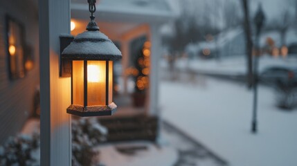 Exterior snow-covered porch lantern illuminating a winter scene.