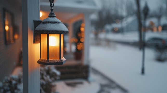 Exterior snow-covered porch lantern illuminating a winter scene.