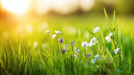 Morning light illuminates a peaceful spring meadow filled with blooming flowers and soft bokeh.