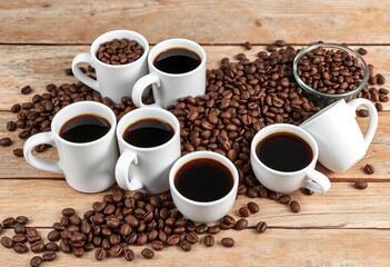 Fototapeta premium Assortment of coffee cups & beans on rustic wood, vintage, roasted