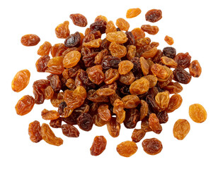Fototapeta premium “Handful of Dried Raisins Scattered Randomly, isolated on white background PNG