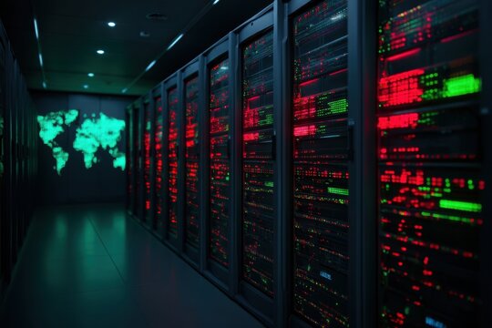 Modern data centre racks illuminated with blue LED lines, Malaysian flag colour gradient on floor reflection, night ambient.