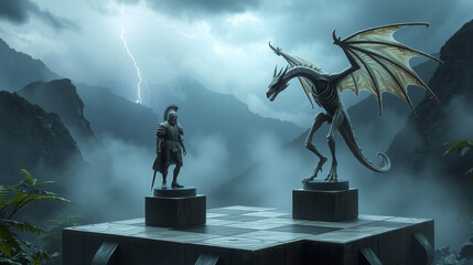 A skeletal knight in rusted armor stands atop a massive stone chessboard set in a misty valley. Opposite him, a ghostly dragon with translucent wings floats just above the board, its form wavering in 