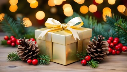 Christmas Gift Boxes with Golden Ribbons, Pinecones, and Berrie