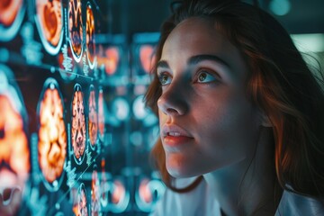 A focused female neurologist intently examines a large lightboard of glowing orange and blue brain scans. The cinematic lighting highlights her deep concentration and the complexity of the medical dat