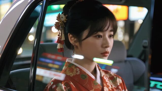  Japonesa. con un tradicional kimono de seda vibrante, sentada en el asiento trasero de un taxi en Tokio
