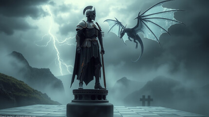 A skeletal knight in rusted armor stands atop a massive stone chessboard set in a misty valley. Opposite him, a ghostly dragon with translucent wings floats just above the board, its form wavering in 