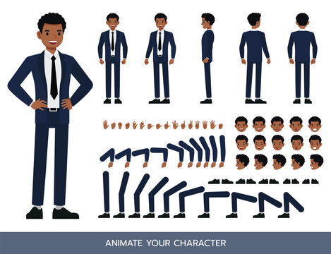Businessman in blue suit character constructor. Flat design vector kit with poses and emotions for animation and explainer videos.