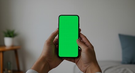Hands holding modern smartphone with vibrant green screen for creative editing