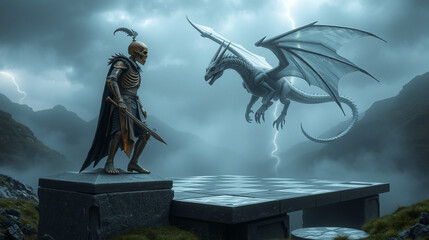 A skeletal knight in rusted armor stands atop a massive stone chessboard set in a misty valley. Opposite him, a ghostly dragon with translucent wings floats just above the board, its form wavering in 