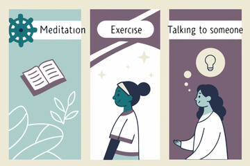 Illustration showing meditation exercise and talking to someone for mental wellbeing and self care tips