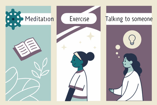 Illustration showing meditation exercise and talking to someone for mental wellbeing and self care tips