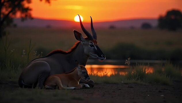 Okapi resting beneath the trees with its baby