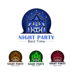 Elegant Night Party Logo Design Template &ndash; Outdoor Event, Tent, Table & Chairs Illustration, High-quality vector logo template featuring a stylish tent with a table and chairs under it
