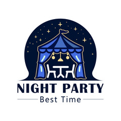 Elegant Night Party Logo Design Template &ndash; Outdoor Event, Tent, Table & Chairs Illustration, High-quality vector logo template featuring a stylish tent with a table and chairs under it