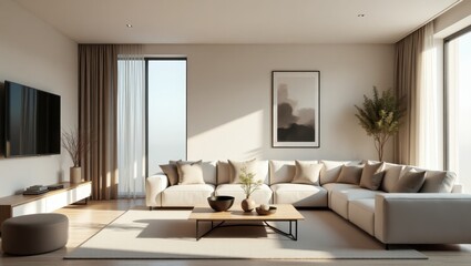 Fototapeta premium Modern living room with large window and sectional sofa.