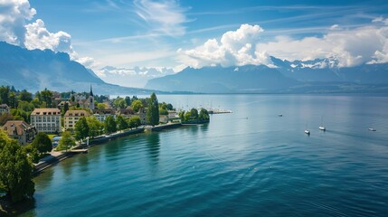 Obraz premium Lake Geneva in Switzerland: Alpine-Hugged Waters, Scenic Shores, and Cultural Heritage Along Europe's Iconic Lake
