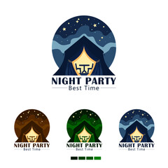 Elegant Night Party Logo Design Template &ndash; Outdoor Event, Tent, Table & Chairs Illustration, High-quality vector logo template featuring a stylish tent with a table and chairs under it
