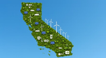 California transformed into lush green landscape with clean energy sources powering its future
