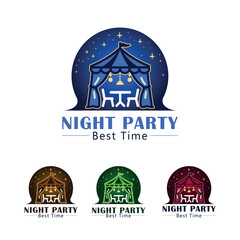 Elegant Night Party Logo Design Template &ndash; Outdoor Event, Tent, Table & Chairs Illustration, High-quality vector logo template featuring a stylish tent with a table and chairs under it