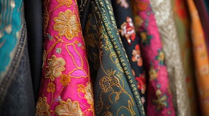 Colorful, intricately embroidered fabrics with floral and ornamental patterns, showcasing rich textures and vibrant hues in close-up detail.