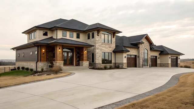 A grand modern luxury house with a beautiful stone and stucco exterior stands proudly, featuring a long driveway in a vast open landscape.