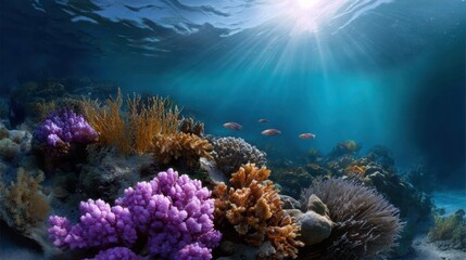 Naklejka premium Ocean restoration concepts, Vibrant coral reef teeming with fish, illuminated by sunlight filtering through clear ocean water.