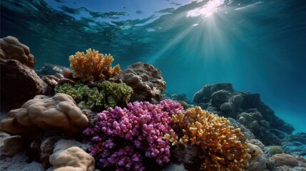 Fototapeta premium Ocean restoration concepts, Vibrant coral reef scene illuminated by sunlight underwater.
