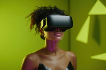 Fototapeta premium Young woman using virtual reality headset in futuristic green space
