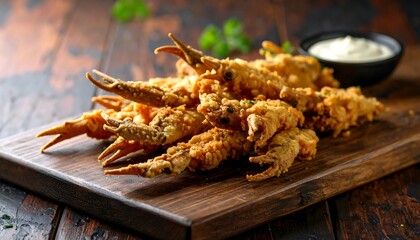 Crispy fried crab claws on a wooden board