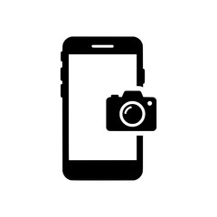 Smartphone camera icon featuring a mobile phone and a digital camera symbol isolated on white background suitable for mobile photography apps and websites