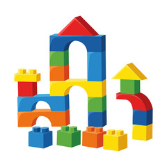 A colorful array of toy building blocks stacked to create a castle and other structures on white background
