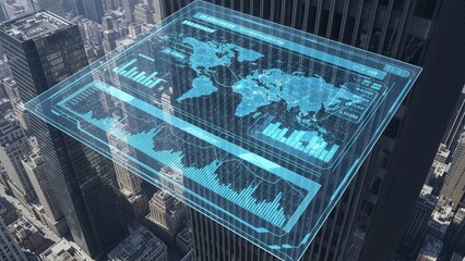 Businessman Viewing Holographic Financial Dashboard in Urban Office