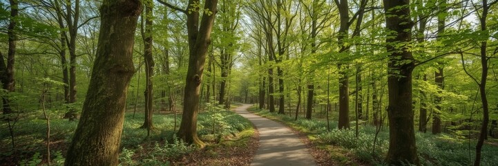 Obraz premium Walkway in a green spring beech forest. Beautiful natural tunnel. Eco tourism, travel destinations, environmental conservation, pure nature