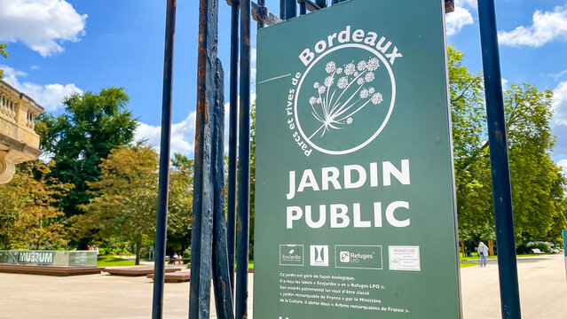 Jardin Public sign at the entrance gate of the public garden of Bordeaux, France