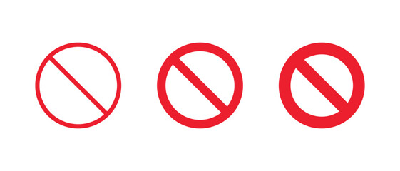 Red prohibition icon set. Ban or stop symbol. Forbidden sign