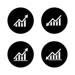 Trend chart icon in black circle. Growth and decline symbol. Up and down arrow with bar graph