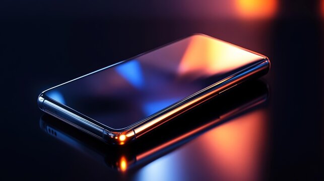 Sleek modern smartphone on a dark reflective surface, bathed in vibrant neon lights