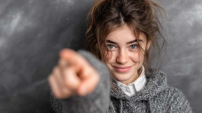 Young female student gesturing towards educational materials in vibrant classroom