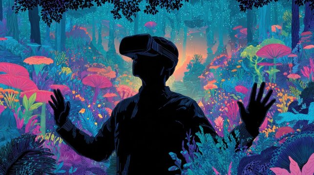 VR user in vibrant fantasy forest