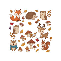 Obraz premium Cute autumn woodland animal vector pack with fox, hedgehog, owl, deer, and squirrel surrounded by mushrooms, berries, and fall leaves
