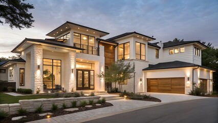 A grand contemporary luxury house stands illuminated at twilight. Its white stone exterior, large windows, and dark roof create an inviting evening scene.