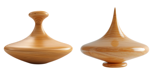 Pair of wooden spinning tops isolated on transparent PNG image perfect for retro toy collections or motion-themed illustrations