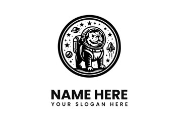 Bulldog Astronaut in Space with Rocket and Stellar Elements Logo Design.