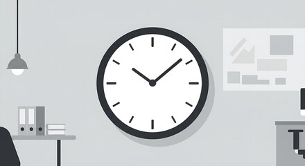 Modern office scene with clock, desk, and presentation board emphasizing time management