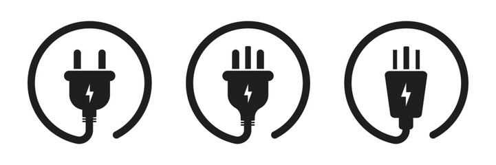 Collection of vector icons of EU, UK, and USA electrical plugs with cables in silhouette style on a white background. Vector illustration