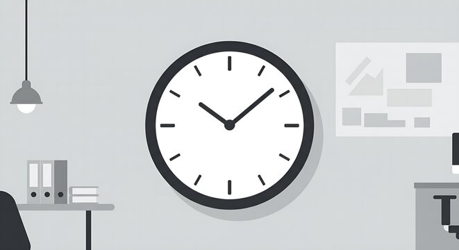 Modern office scene with clock, desk, and presentation board emphasizing time management