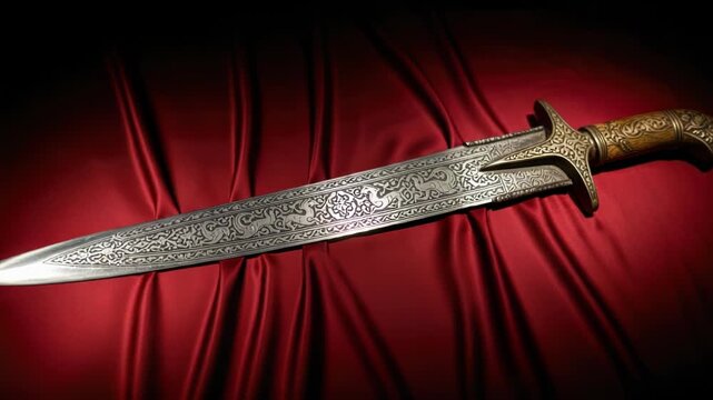 Magnificent display of an ornate, antique sword featuring intricate silver engraving against a