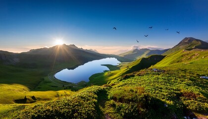 a breathtaking mountain landscape at sunrise with rolling hills covered in lush greenery and a clear blue sky birds flying in the distance and a serene lake reflecting the scenery