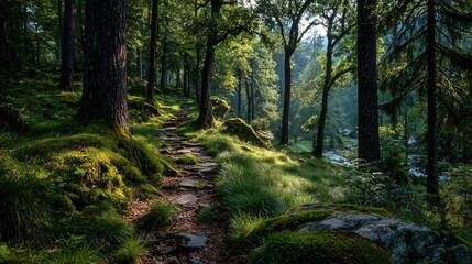 Fototapeta premium Lush Green Forest Path Illuminated by Gentle Sunlight Filtering Through Trees
